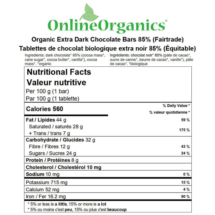 Organic Extra Dark Chocolate Bars 85% (Certified Fairtrade) Nutritional Facts