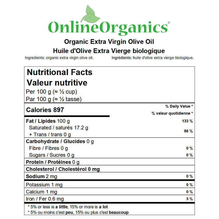Organic Extra Virgin Olive Oil (Kalamata Gold) Nutritional Facts
