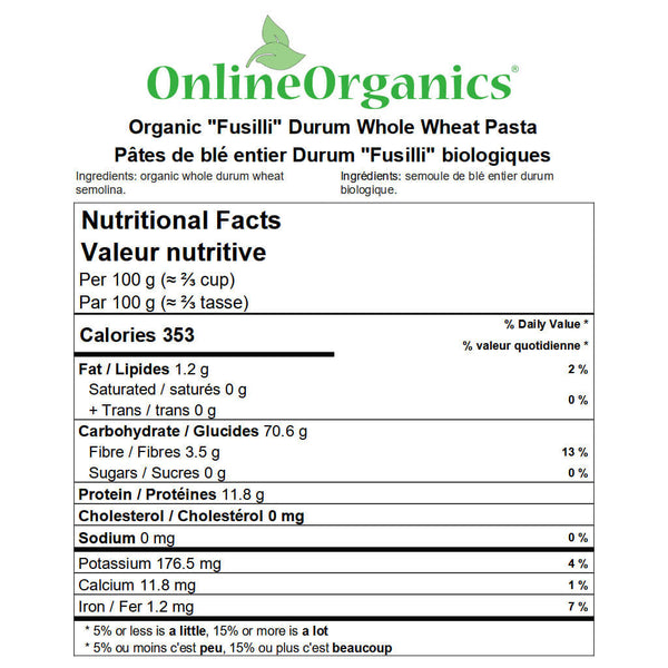 Organic "Fusilli" Durum Whole Wheat Pasta Nutritional Facts