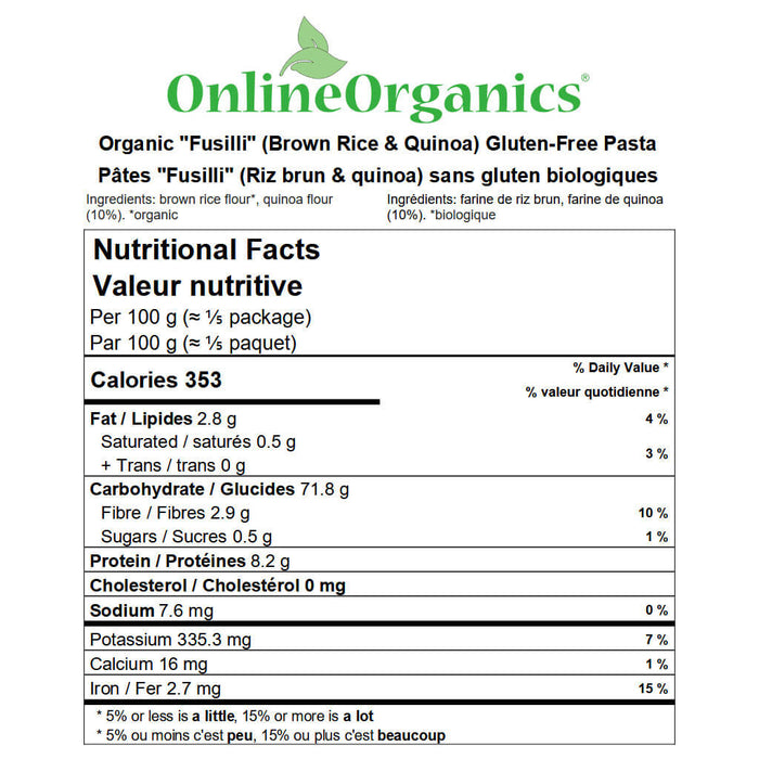 Organic ''Fusilli'' Brown Rice & Quinoa Gluten-Free Pasta Nutritional Facts