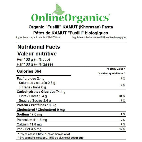 Organic "Fusilli" Kamut Pasta Nutritional Facts