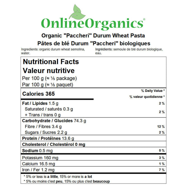 Organic ''Paccheri'' Durum Wheat Pasta Nutritional Facts