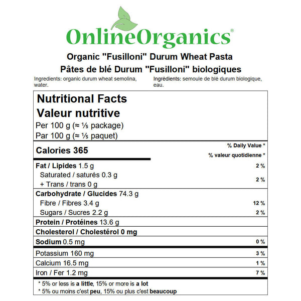 Organic ''Fusilli Paesani'' Durum Wheat Pasta Nutritional Facts