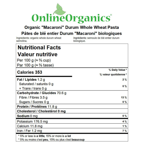 Organic "Macaroni" Durum Whole Wheat Pasta Nutritional Facts