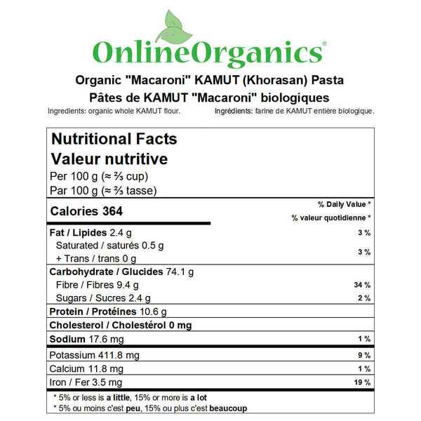 Organic "Macaroni" KAMUT (Khorasan) Pasta Nutritional Facts