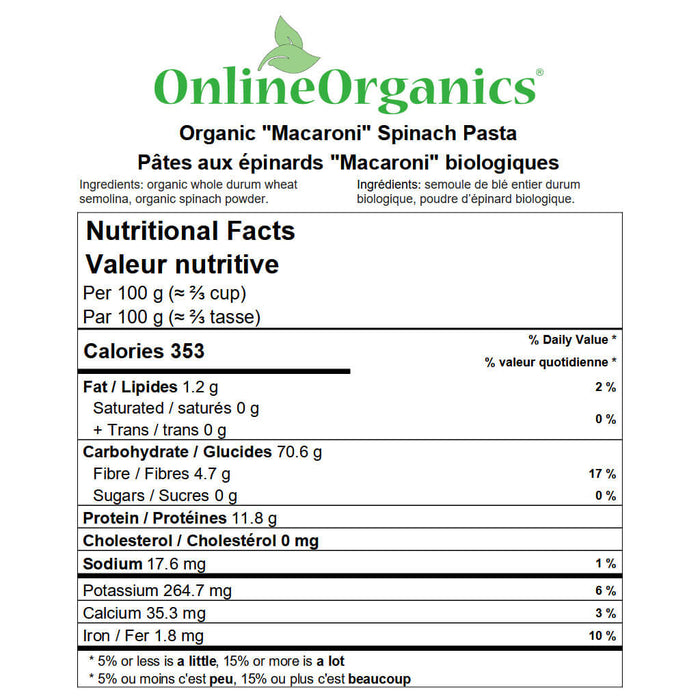 Organic "Macaroni" Spinach Pasta Nutritional Facts
