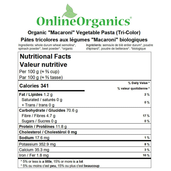 Organic "Macaroni" Vegetable Pasta (Tri-Color) Nutritional Facts