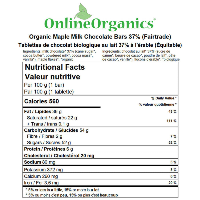 Organic Maple Milk Chocolate Bars 37% (Certified Fairtrade) Nutritional Facts