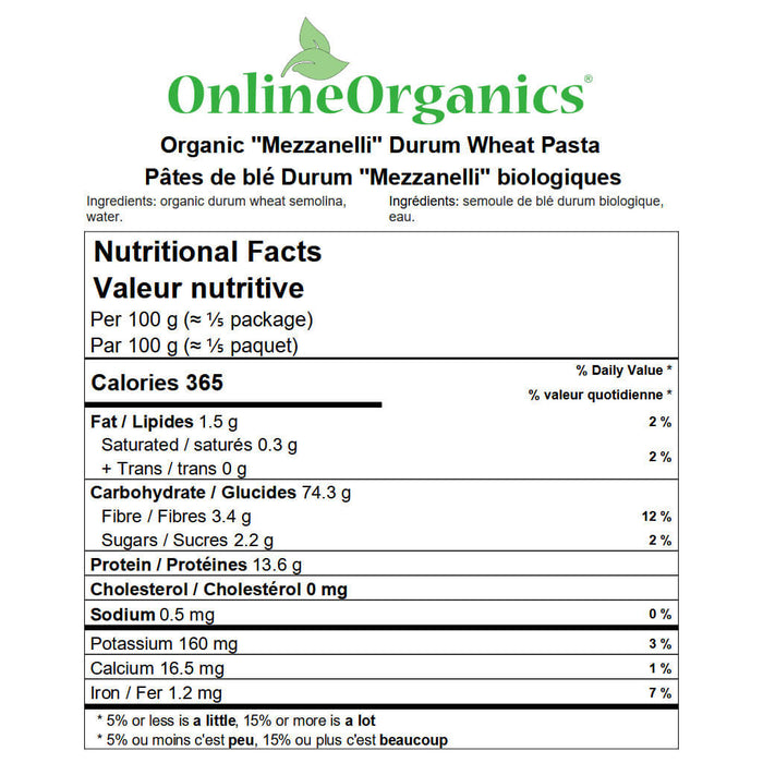 Organic ''Mezzanelli'' Durum Wheat Pasta Nutritional Facts