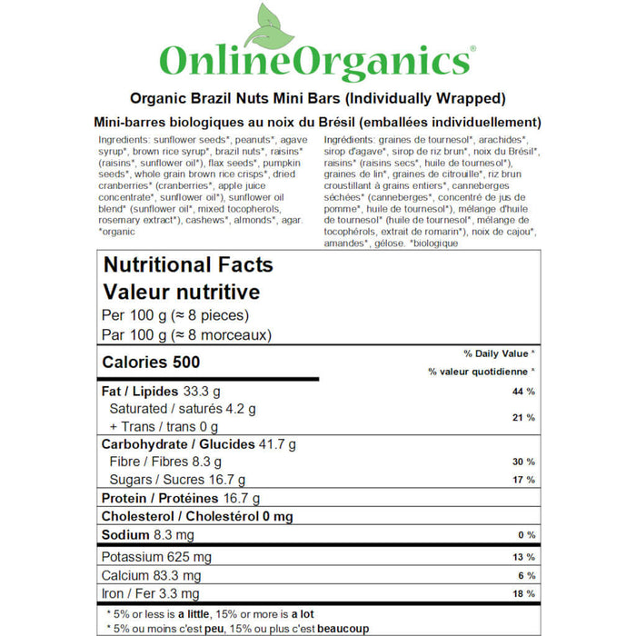 Organic Brazil Nuts Bars (Individually Wrapped) Nutritional Facts