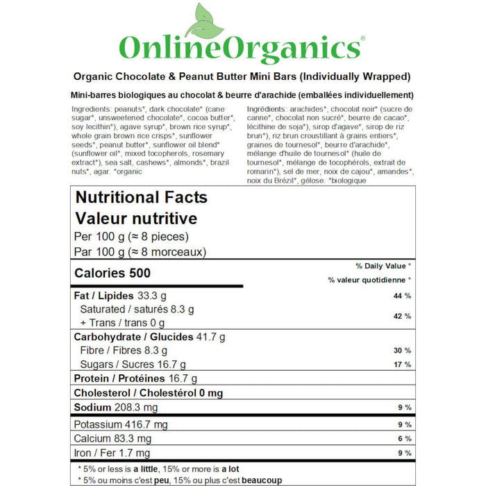 Organic Chocolate & Peanut Butter Mini Bars (Individually Wrapped) Nutritional Facts