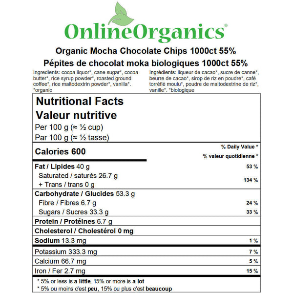 Organic Mocha Chocolate Chips 1000ct 55% Nutritional Facts