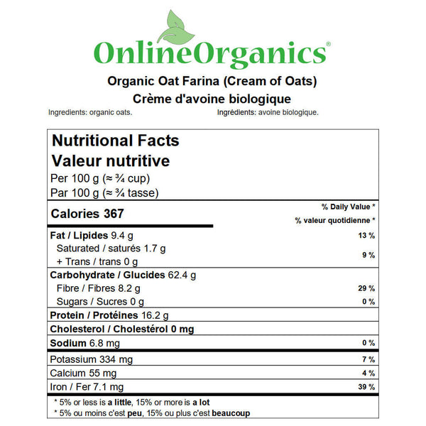 Organic Oat Farina (Cream of Oats) Nutritional Facts