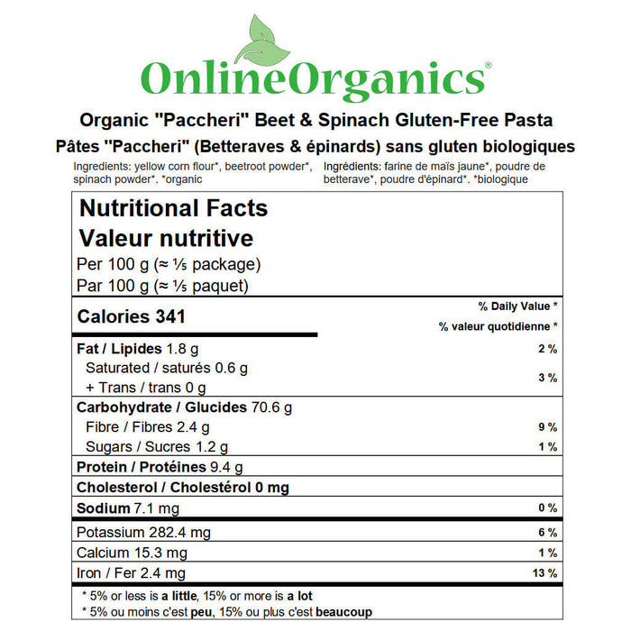 Organic ''Paccheri'' Beet & Spinach Gluten-Free Pasta Nutritional Facts