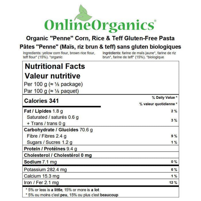 Organic ''Penne'' Corn, Rice & Teff Gluten-Free Pasta Nutritional Facts