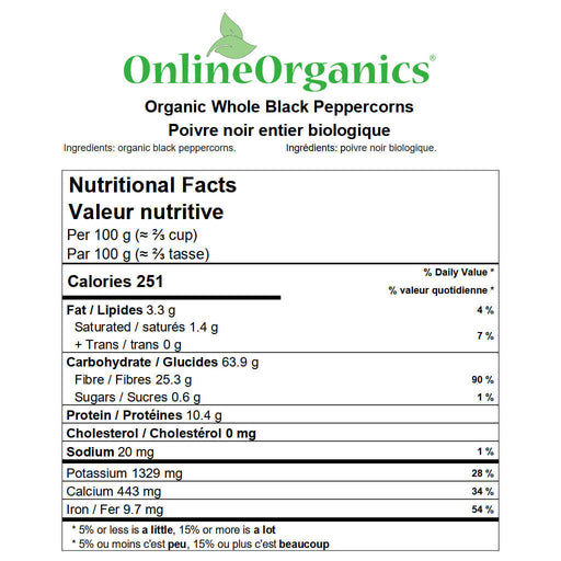 Organic Black Peppercorns Whole Nutritional Facts