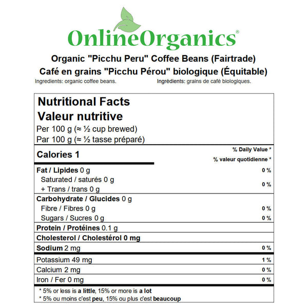 Organic “Picchi Peru” Coffee Beans (Certified Fairtrade) Nutritional Facts