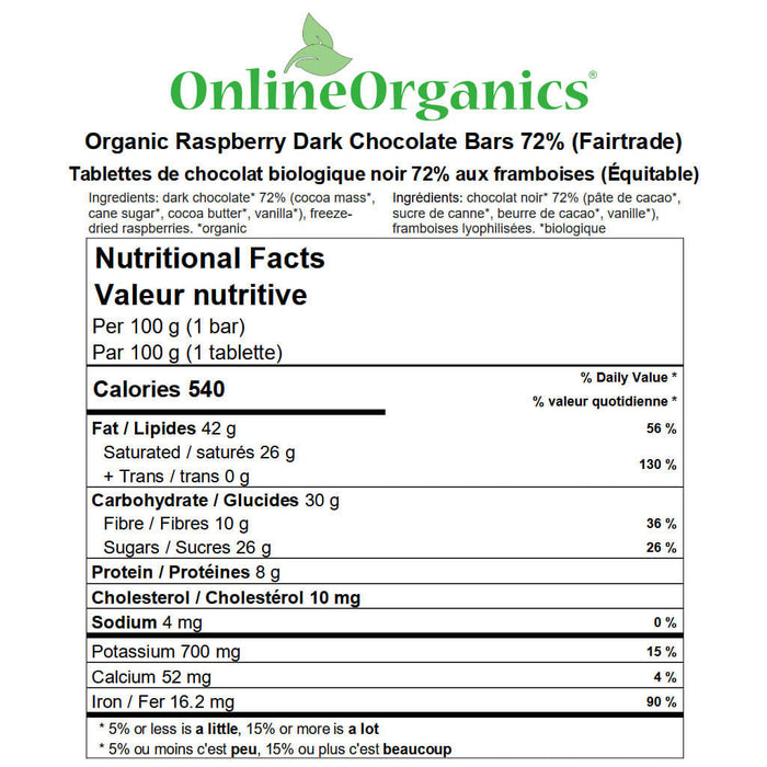Organic Raspberry Dark Chocolate Bars 72% (Certified Fairtrade) Nutritional Facts