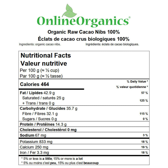 Organic Raw Cocoa Nibs 100% Nutritional Facts