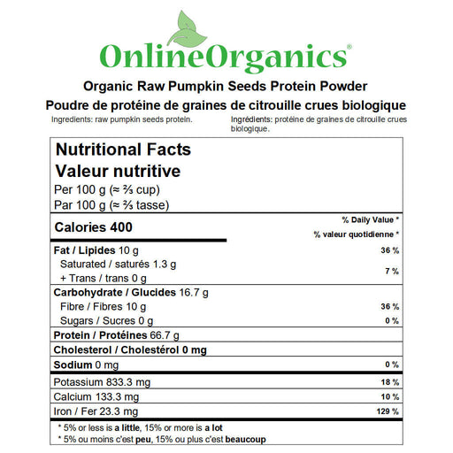 Organic Raw Pumpkin Seeds Protein Powder 65% Nutritional Facts