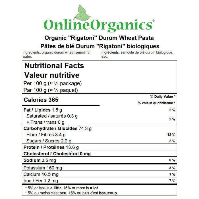 Organic ''Rigatoni'' Durum Wheat Pasta Nutritional Facts