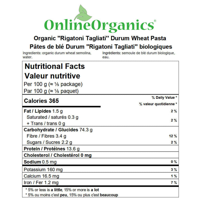 Organic 'Rigatoni Tagliati'' Durum Wheat Pasta Nutritional Facts