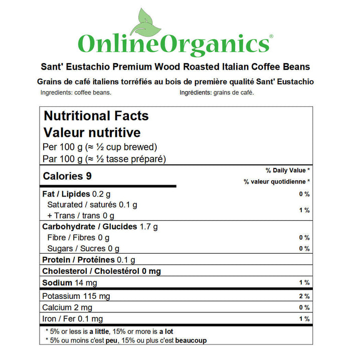 Organic Sant' Eustachio Premium Wood Roasted Italian Coffee Beans Nutritional Facts
