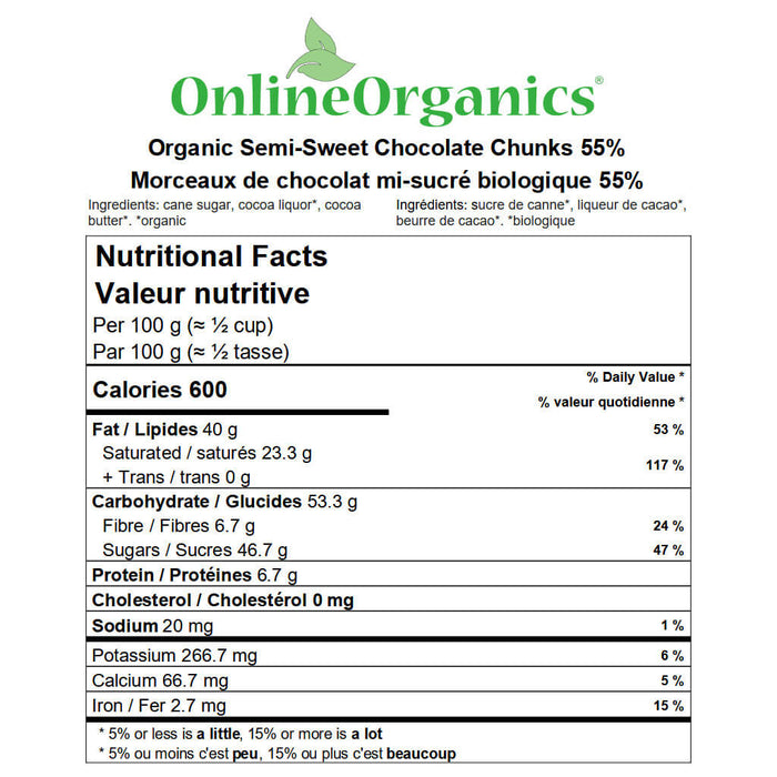 Organic Semi-Sweet Chocolate Chunks 55% Nutritional Facts