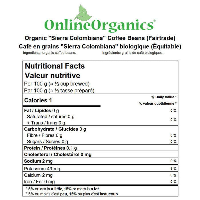 Organic “Sierra Colombiana” Coffee Beans (Certified Fairtrade) Nutritional Facts
