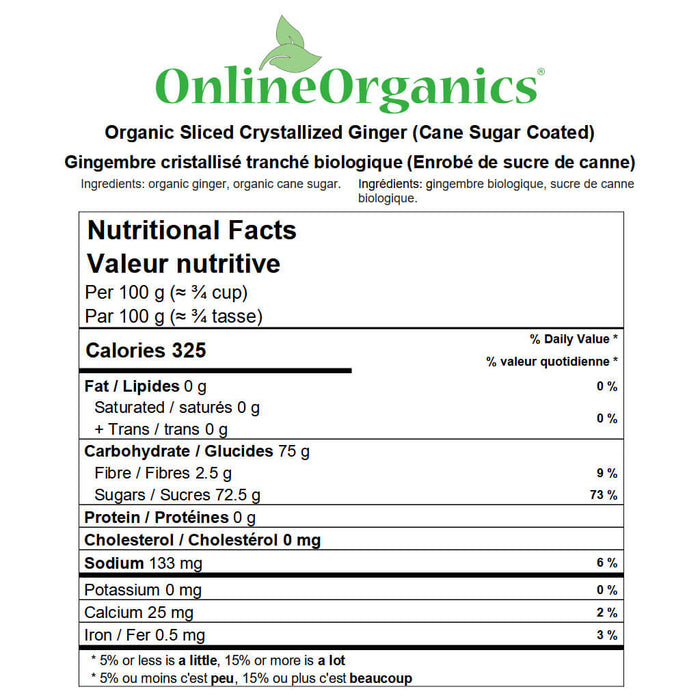 Organic Sliced Crystallized Ginger (Cane Sugar Coated) Nutritional Facts