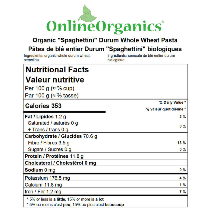Organic "Spaghettini" Durum Whole Wheat Pasta Nutritional Facts
