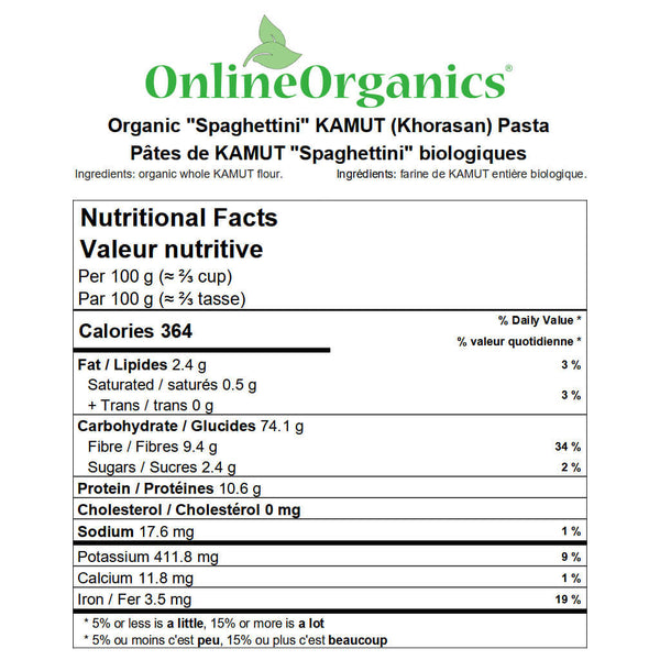 Organic "Spaghettini" KAMUT (Khorasan) Pasta Nutritional Facts