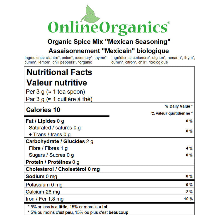 Spice Mix “Mexican Seasoning” (Salt Free) Nutritional Facts