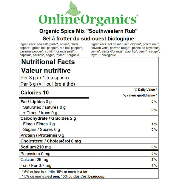Organic Spice Mix “Southwestern Rub” Nutritional Facts