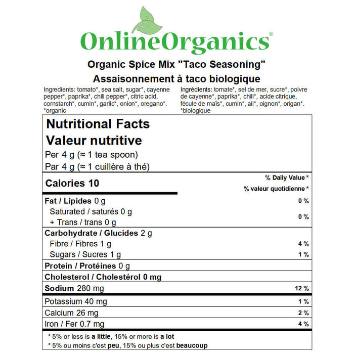Organic Spice Mix “Taco Seasoning” Nutritional Facts