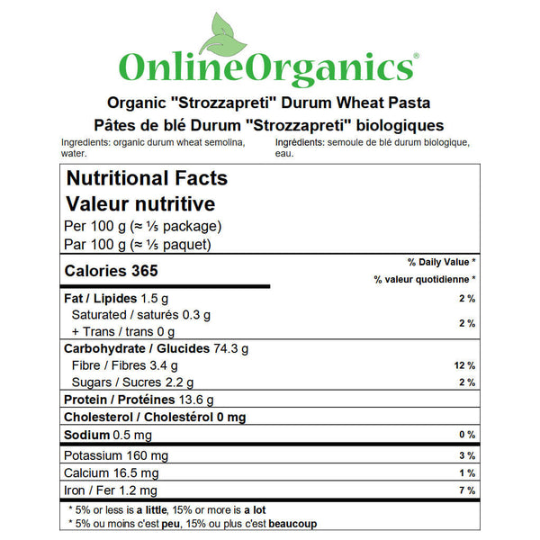 Organic ''Strozzapreti'' Durum Wheat Pasta Nutritional Facts