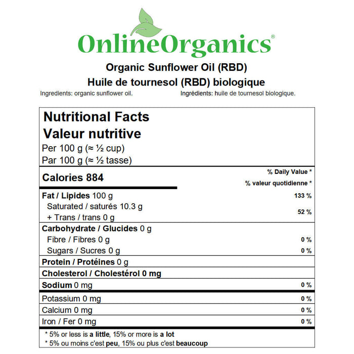 Organic Sunflower Oil (RBD) Nutritional Facts