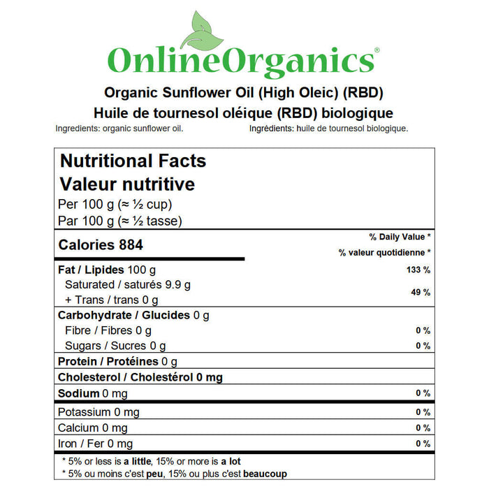 Organic Sunflower Oil (High Oleic) (RBD) Nutritional Facts