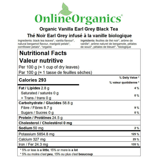 Organic Vanilla Earl Grey Black Tea Nutritional Facts