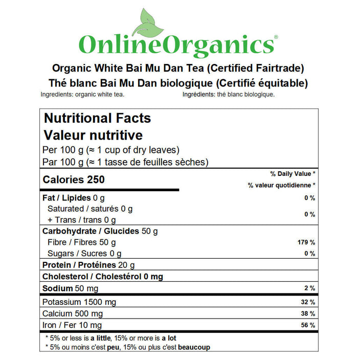Organic White Bai Mu Dan Tea (Caffeine-Free) Nutritional Facts