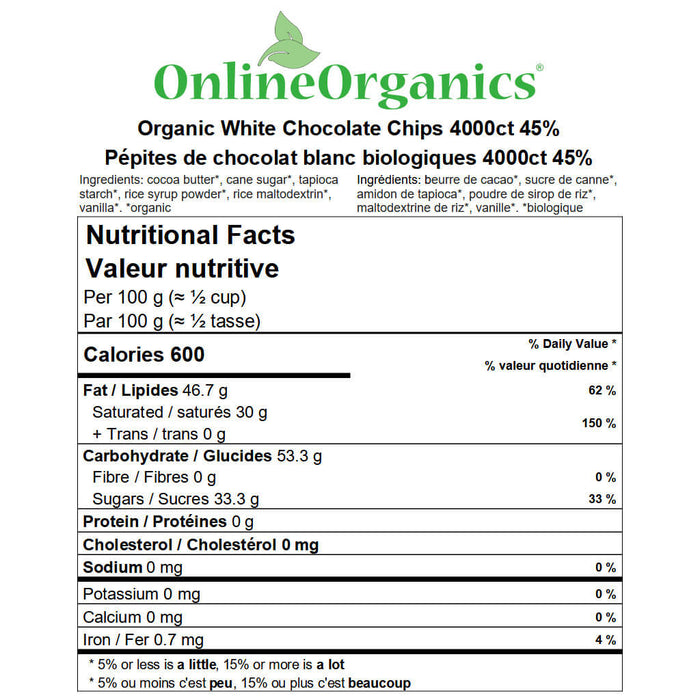Organic White Chocolate Chips 4000ct 45% Nutritional Facts