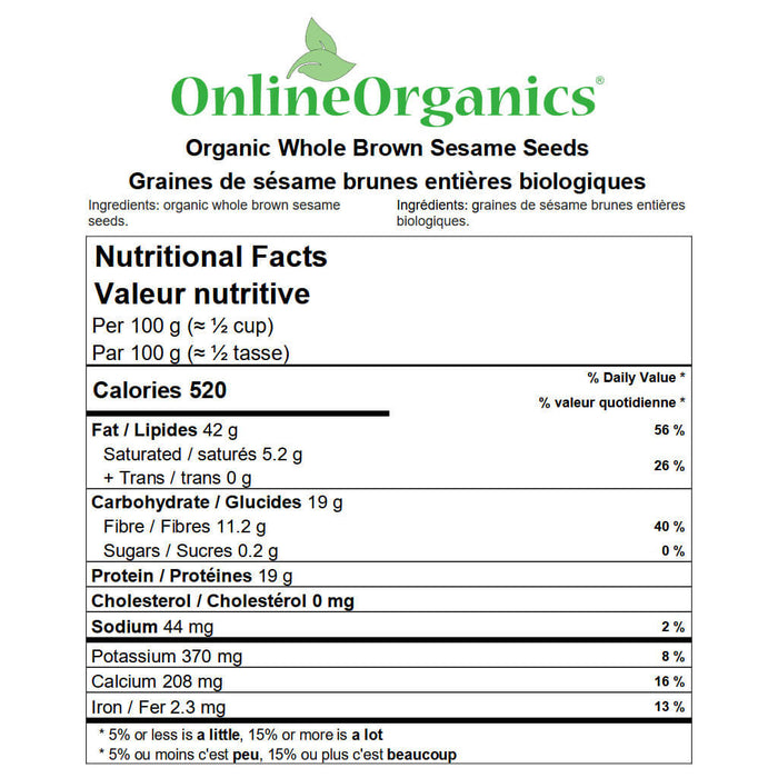 Organic Whole Brown Sesame Seeds Nutritional Facts