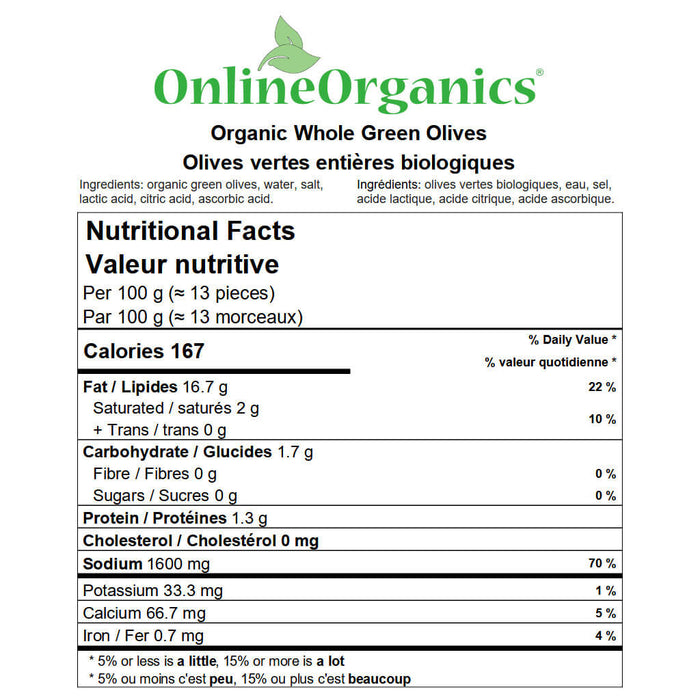 Organic Whole Green Olives Nutritional Facts
