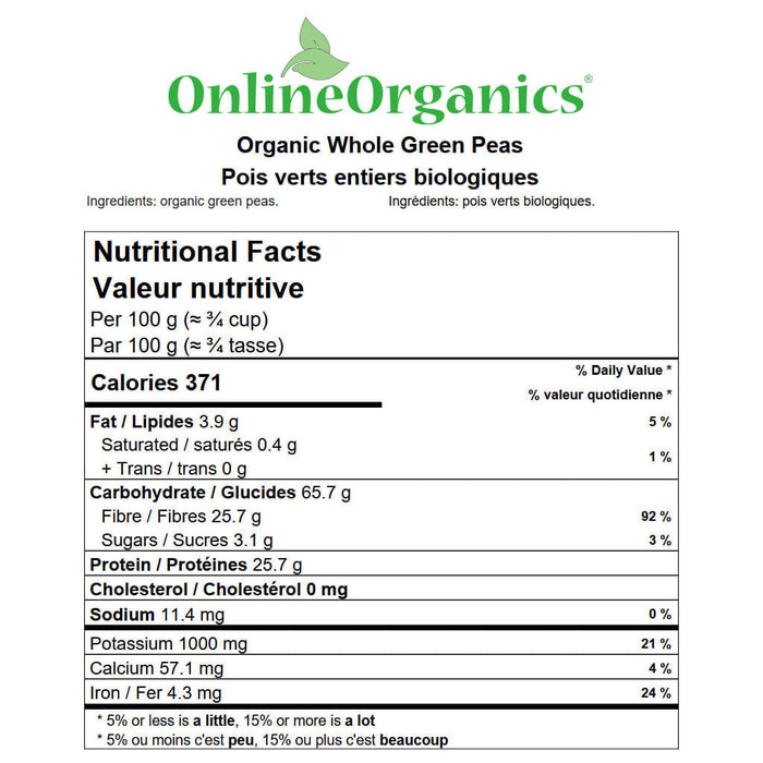 Organic Whole Green Peas Nutritional Facts