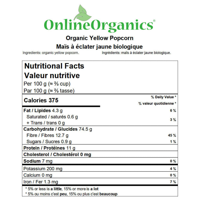 Organic Yellow Popcorn Nutritional Facts